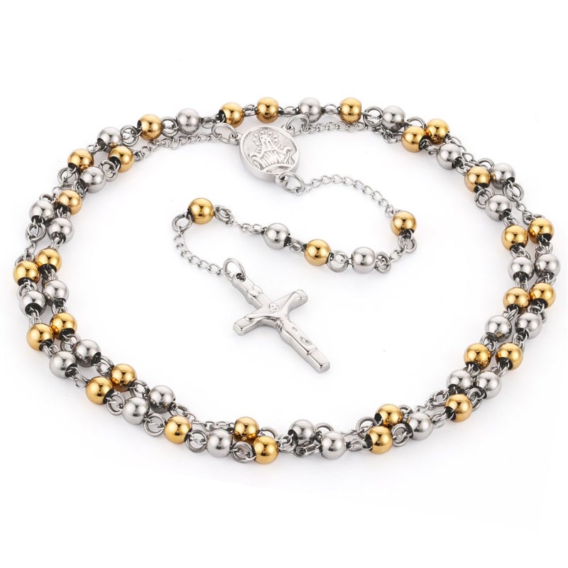 COTTVOTT Stainless Steel 6mm Beads Rosary Catholic Necklace Holy Medal & Crucifix 32inch(Golden Silver Tone) - Image 1